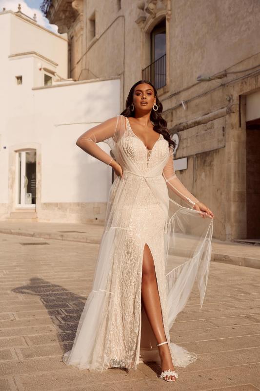 Milan Ml13567 Full Length Beaded Lace Plunging Neck With Detachable Jacket Wedding Dress Madi Lane Bridal3