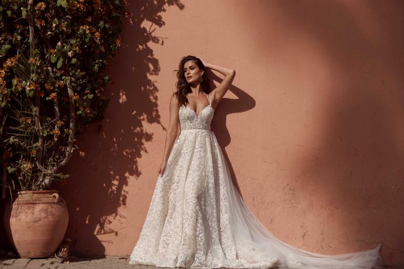 Azaria Ml17518 Full Lace Gown With Plunging Neckline Fitted Bodice And Floaty Skirt Low Back And Zipper Wedding Dress With Detachable Train Madi Lane Bridal3