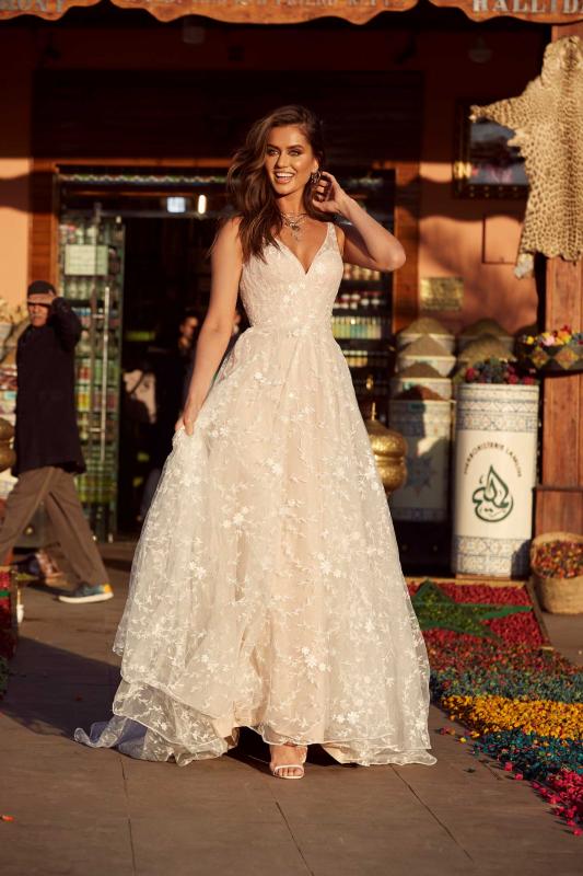 Ainsley Ml17002 Full Length Floral Gown With Fitted Bodice And Floaty Skirt Tulle Straps And Low Back With Zip Closure Wedding Dress Madi Lane Bridal1