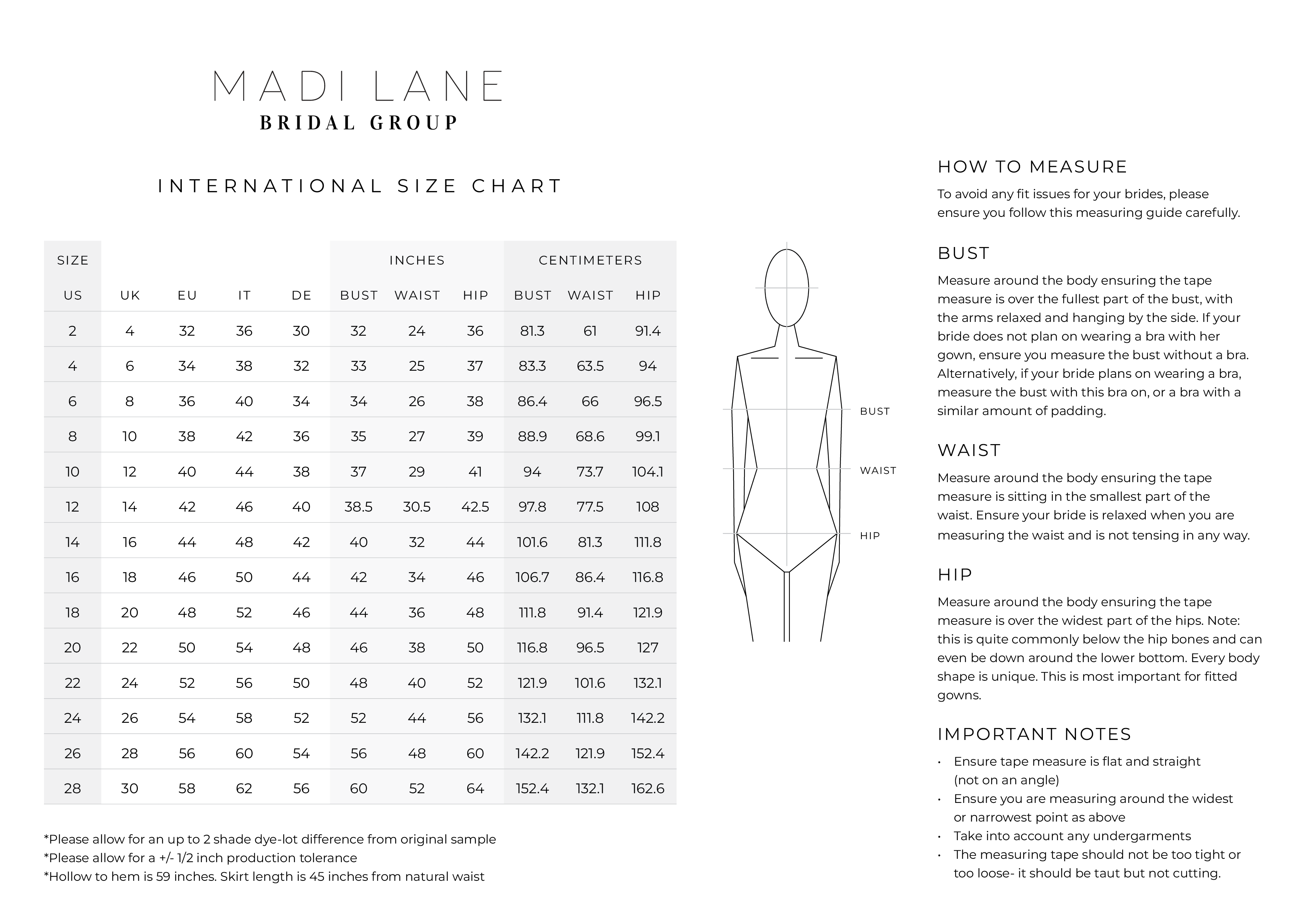 Size Chart - Jeune Bridal
